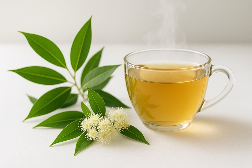 Fresh lemon myrtle leaves and flowers beside a steaming cup of lemon myrtle herbal tea on a white surface with soft natural lighting.