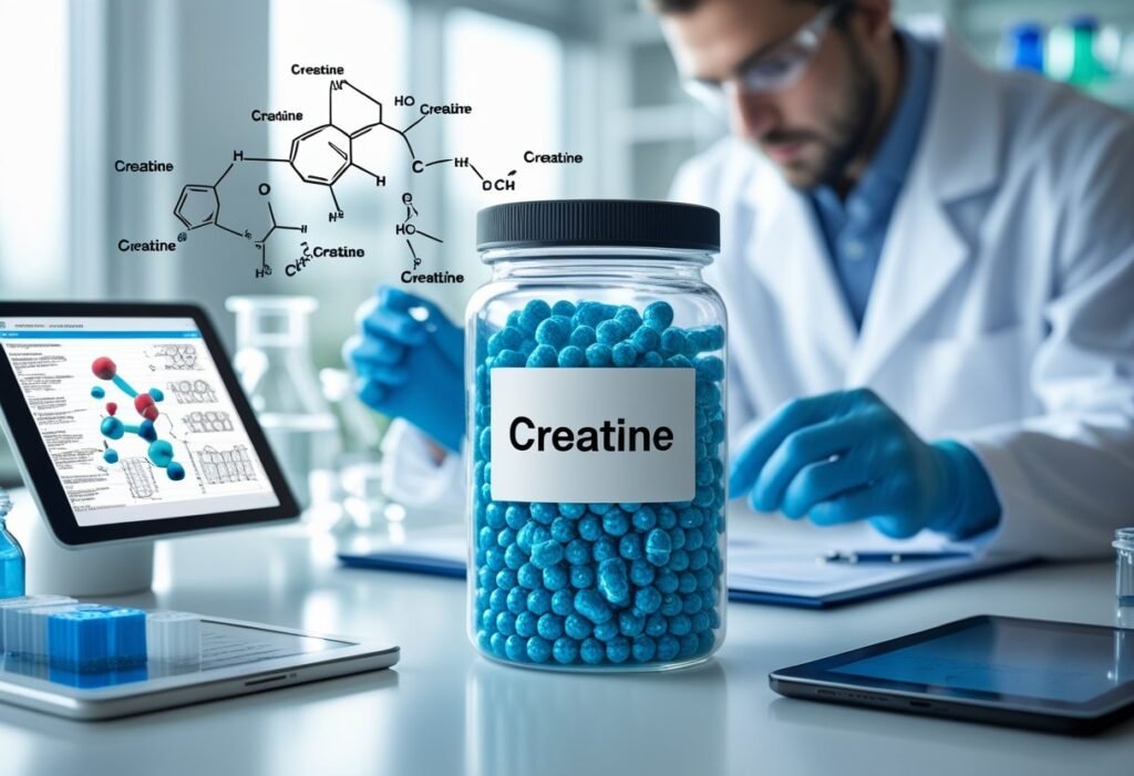 "Scientist working in a laboratory with a jar of blue creatine capsules, chemical diagrams, and digital tablets showing molecular structures, representing scientific research and development of creatine supplements.