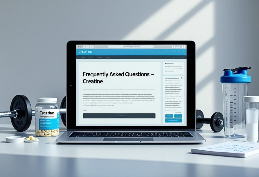 "Creatine FAQ webpage displayed on a laptop screen surrounded by creatine supplements, a shaker bottle, and dumbbells, illustrating research and fitness education about creatine."