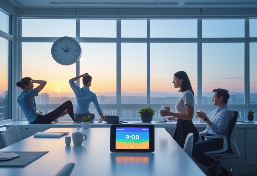 People stretching and hydrating in a bright office at sunrise, with a digital clock and natural light symbolizing circadian rhythm balance
