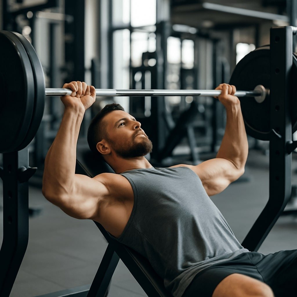 Fit man in athletic attire performing an incline bench press in a modern gym, showcasing proper form and muscular build.