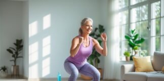 Get Strong at Home After 40: No Equipment Needed Middle aged woman doing squats