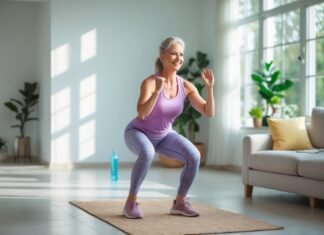 Get Strong at Home After 40: No Equipment Needed Middle aged woman doing squats