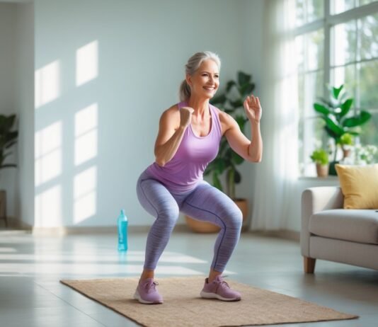 Get Strong at Home After 40: No Equipment Needed Middle aged woman doing squats