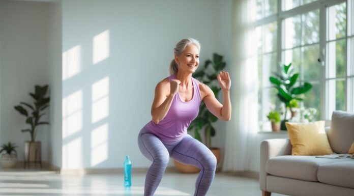 Get Strong at Home After 40: No Equipment Needed Middle aged woman doing squats