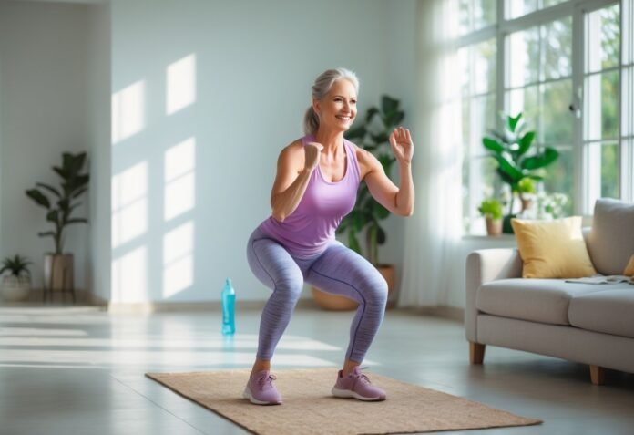 v2-uwmk3-yf37b Middle aged woman doing squats