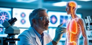 Is Inflammation the Root of All Modern Disease? Scientist analyzing human anatomy with digital hologram showing brain, lungs, and digestive system in high-tech medical research lab.