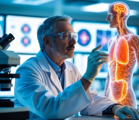 Is Inflammation the Root of All Modern Disease? Scientist analyzing human anatomy with digital hologram showing brain, lungs, and digestive system in high-tech medical research lab.