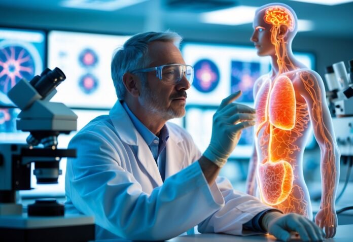 Scientist analyzing human anatomy with digital hologram showing brain, lungs, and digestive system in high-tech medical research lab.
