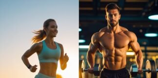 woman running morning, man working out at night