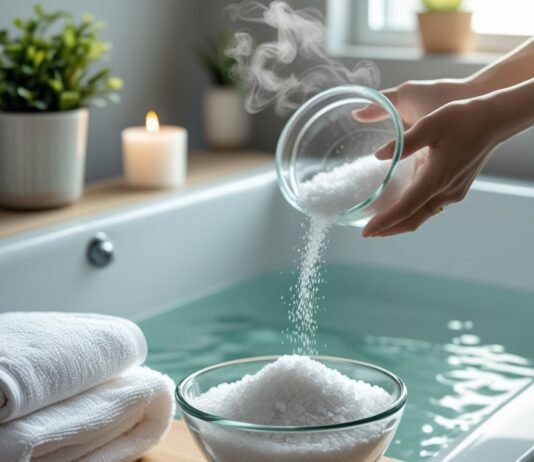 How to Use Epsom Salt for Muscle Pain and Detox Baths Epsom salt being poured into the bath-tub