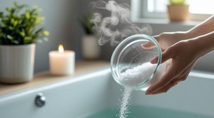 How to Use Epsom Salt for Muscle Pain and Detox Baths Epsom salt being poured into the bath-tub