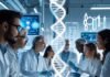 How Biohacking Is Changing the Way We Look at Aging Group of scientists in a futuristic lab analyzing genetic data with a glowing DNA helix hologram in the center