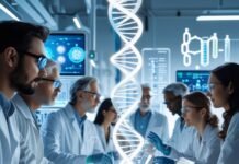 How Biohacking Is Changing the Way We Look at Aging Group of scientists in a futuristic lab analyzing genetic data with a glowing DNA helix hologram in the center