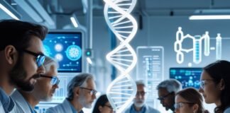 How Biohacking Is Changing the Way We Look at Aging Group of scientists in a futuristic lab analyzing genetic data with a glowing DNA helix hologram in the center