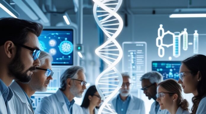 How Biohacking Is Changing the Way We Look at Aging Group of scientists in a futuristic lab analyzing genetic data with a glowing DNA helix hologram in the center