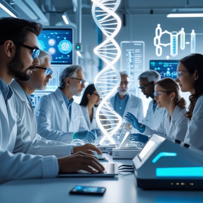 v2-uwynz-r4d1n Group of scientists in a futuristic lab analyzing genetic data with a glowing DNA helix hologram in the center