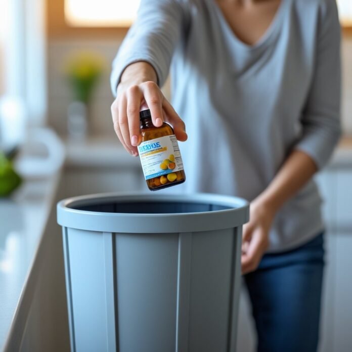 v2-ux4kj-7w4o8 Woman ditching her vitamins into the trash