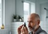 DIY Hair Growth Remedies Using Herbs and Oils Middle-aged man examining a bottle of herbal oil for natural hair growth in a modern bathroom