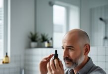 DIY Hair Growth Remedies Using Herbs and Oils Middle-aged man examining a bottle of herbal oil for natural hair growth in a modern bathroom