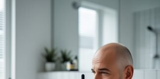 DIY Hair Growth Remedies Using Herbs and Oils Middle-aged man examining a bottle of herbal oil for natural hair growth in a modern bathroom