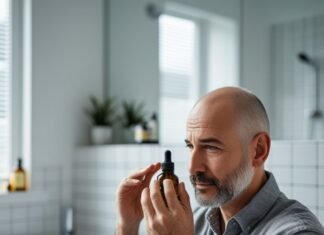 DIY Hair Growth Remedies Using Herbs and Oils Middle-aged man examining a bottle of herbal oil for natural hair growth in a modern bathroom
