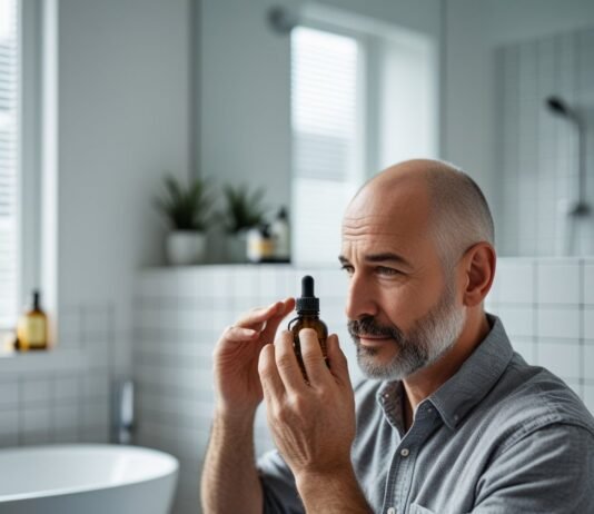 DIY Hair Growth Remedies Using Herbs and Oils Middle-aged man examining a bottle of herbal oil for natural hair growth in a modern bathroom