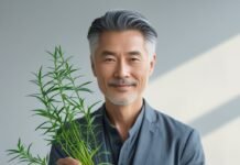 Can You Reverse Grey Hair Naturally? Smiling man with healthy grey hair holding fresh herbal roots, symbolizing natural remedies for reversing grey hair