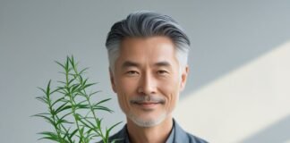 Can You Reverse Grey Hair Naturally? Smiling man with healthy grey hair holding fresh herbal roots, symbolizing natural remedies for reversing grey hair