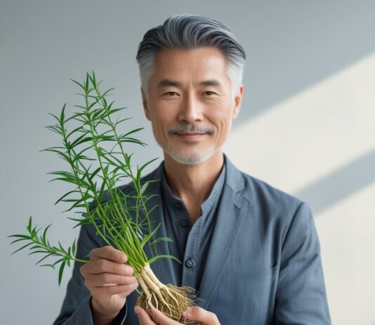 Can You Reverse Grey Hair Naturally? Smiling man with healthy grey hair holding fresh herbal roots, symbolizing natural remedies for reversing grey hair