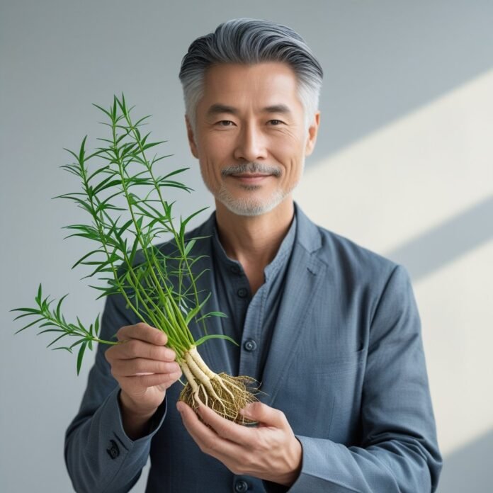 Smiling man with healthy grey hair holding fresh herbal roots, symbolizing natural remedies for reversing grey hair