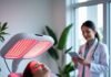 Is Red Light Therapy the Future of Natural Healing? “Woman receiving red light therapy treatment in a clinic, with doctor monitoring the session for skin and health benefits”