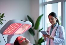 Is Red Light Therapy the Future of Natural Healing? “Woman receiving red light therapy treatment in a clinic, with doctor monitoring the session for skin and health benefits”