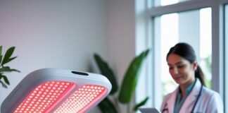 Is Red Light Therapy the Future of Natural Healing? “Woman receiving red light therapy treatment in a clinic, with doctor monitoring the session for skin and health benefits”
