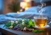 Best Herbs for Better Sleep Without Melatonin “Herbal tea with chamomile, lavender, and fresh herbs on bedside table, used as natural remedies for better sleep without melatonin”