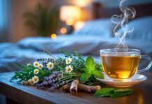 Best Herbs for Better Sleep Without Melatonin “Herbal tea with chamomile, lavender, and fresh herbs on bedside table, used as natural remedies for better sleep without melatonin”