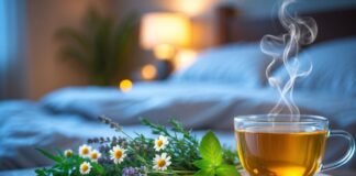 Best Herbs for Better Sleep Without Melatonin “Herbal tea with chamomile, lavender, and fresh herbs on bedside table, used as natural remedies for better sleep without melatonin”