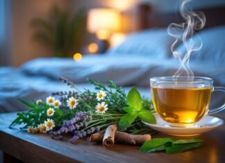 Best Herbs for Better Sleep Without Melatonin “Herbal tea with chamomile, lavender, and fresh herbs on bedside table, used as natural remedies for better sleep without melatonin”