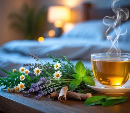 Best Herbs for Better Sleep Without Melatonin “Herbal tea with chamomile, lavender, and fresh herbs on bedside table, used as natural remedies for better sleep without melatonin”
