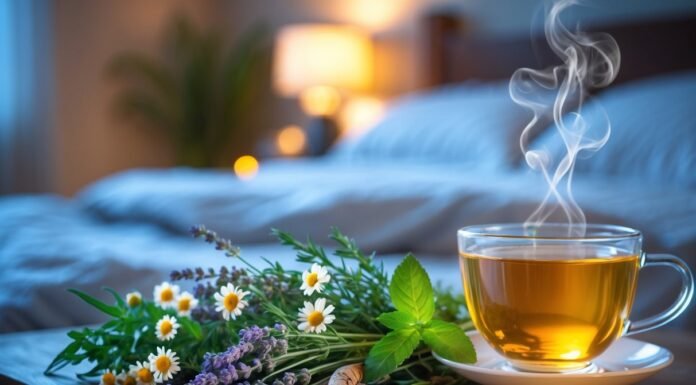 Best Herbs for Better Sleep Without Melatonin “Herbal tea with chamomile, lavender, and fresh herbs on bedside table, used as natural remedies for better sleep without melatonin”