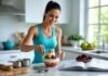Incorporating Desserts into Your Weight Loss Plan Woman in fitness wear preparing a healthy fruit and yogurt parfait as part of a balanced weight loss meal plan in a modern kitchen.