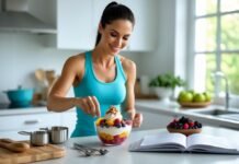 Incorporating Desserts into Your Weight Loss Plan Woman in fitness wear preparing a healthy fruit and yogurt parfait as part of a balanced weight loss meal plan in a modern kitchen.