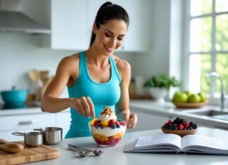 Incorporating Desserts into Your Weight Loss Plan Woman in fitness wear preparing a healthy fruit and yogurt parfait as part of a balanced weight loss meal plan in a modern kitchen.