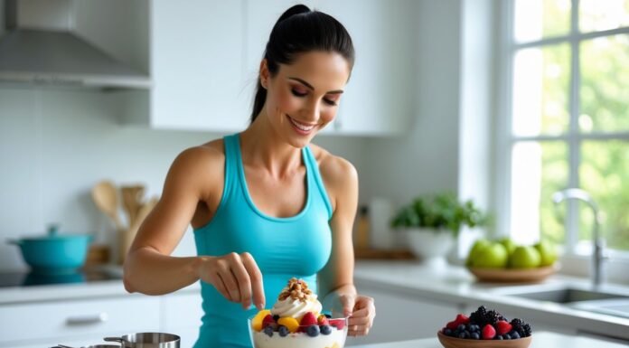 Incorporating Desserts into Your Weight Loss Plan Woman in fitness wear preparing a healthy fruit and yogurt parfait as part of a balanced weight loss meal plan in a modern kitchen.