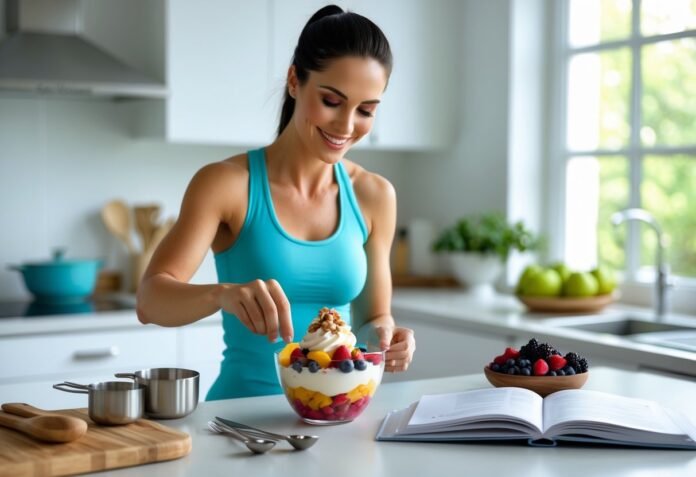 v2-v4n5q-lxfij Woman in fitness wear preparing a healthy fruit and yogurt parfait as part of a balanced weight loss meal plan in a modern kitchen.
