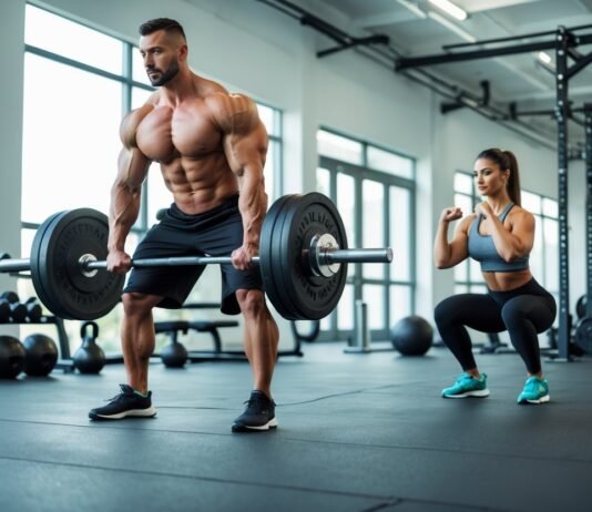 Why Strength Training Beats Cardio for Long-Term Fat Loss Man lifting heavy barbell while woman does squats in modern gym — strength training for fat loss.