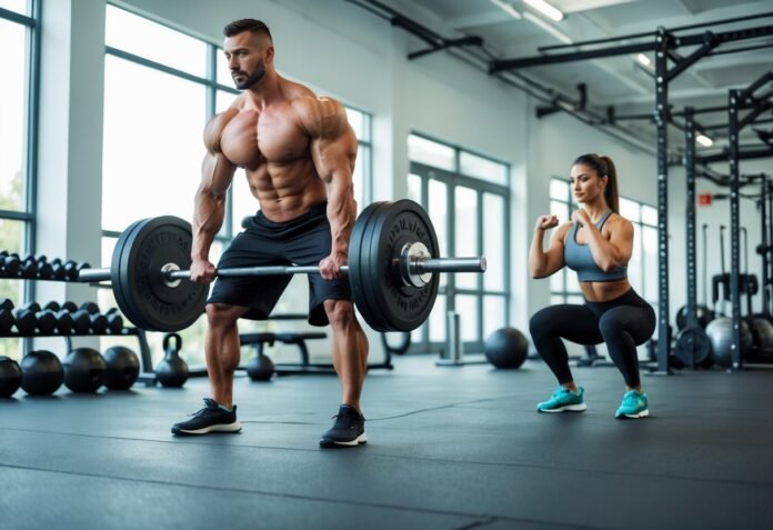 v2-v4qtz-hv26e Man lifting heavy barbell while woman does squats in modern gym — strength training for fat loss.