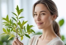 Lemon Myrtle for Hormonal Balance and PMS Relief Woman holding lemon mrytle branch