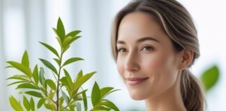 Lemon Myrtle for Hormonal Balance and PMS Relief Woman holding lemon mrytle branch