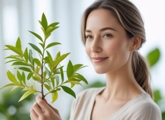 Lemon Myrtle for Hormonal Balance and PMS Relief Woman holding lemon mrytle branch